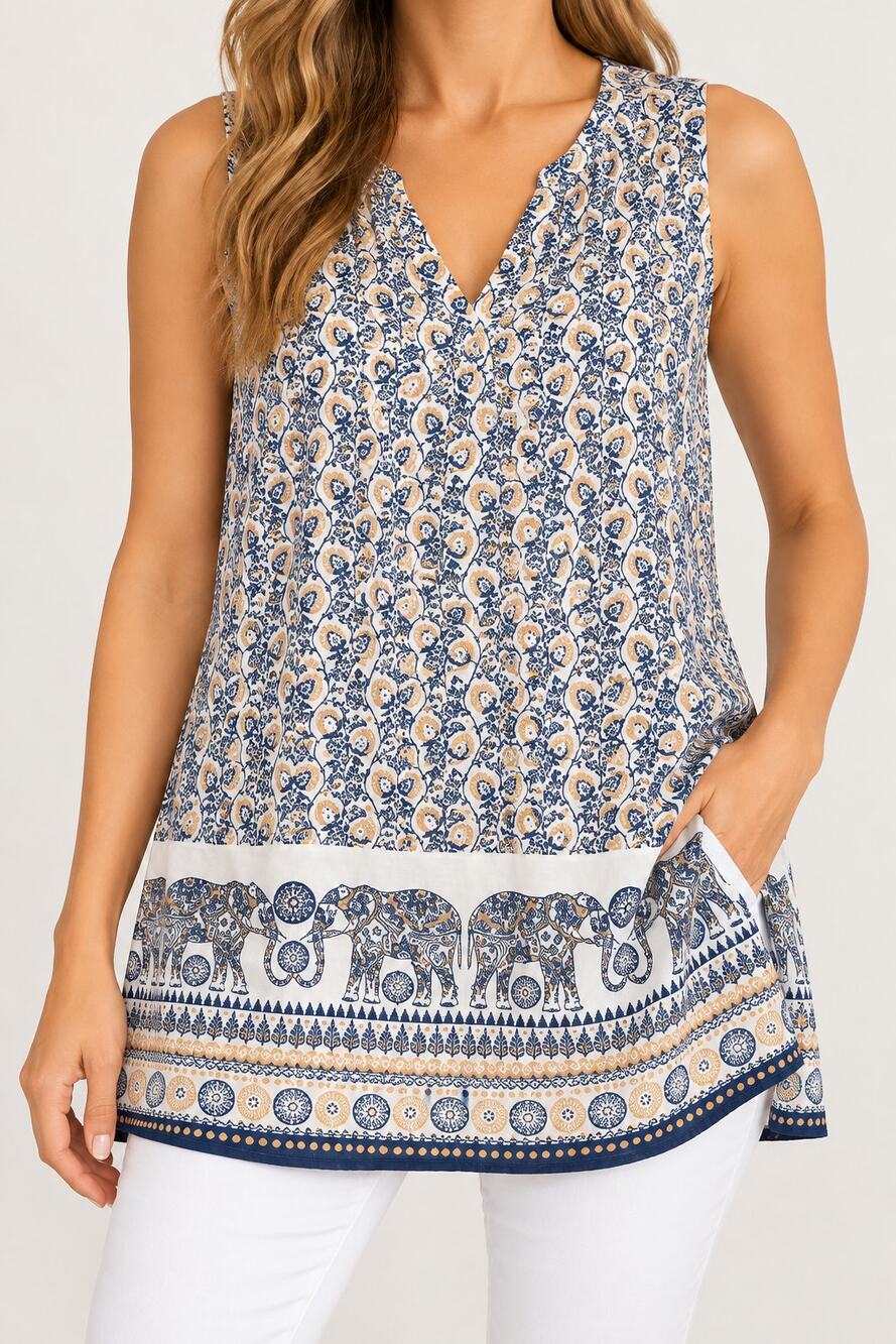 J.Jill Love Linen Sleeveless Top Elephant Print Boho Global-inspired Blue S